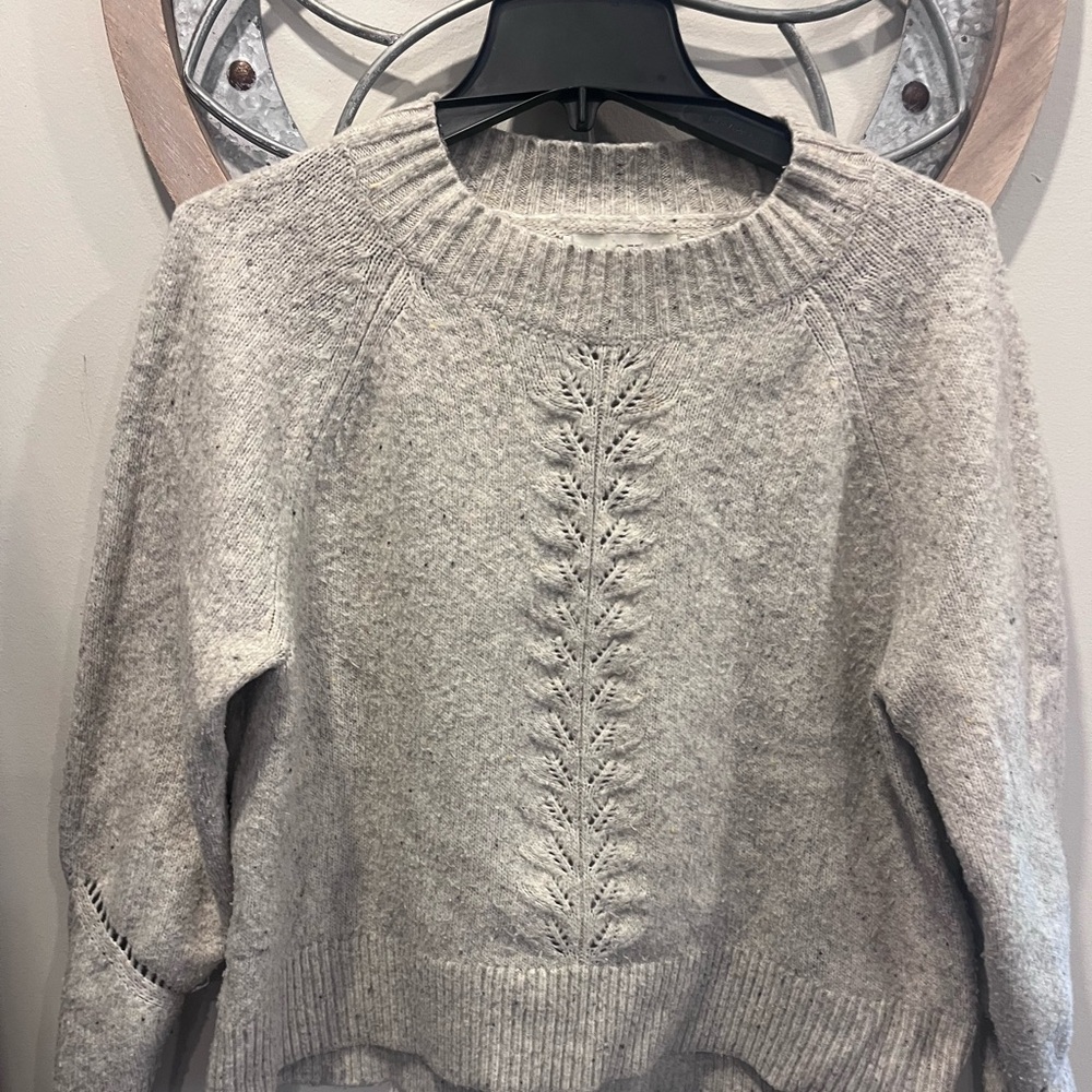 LOFT Women’s Crewneck Knit Sweater with Center Lace Stitch - Light Heather Gray